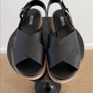 Michael Kors Black Cross-Strap Leather Platform Sandals Size 6.5